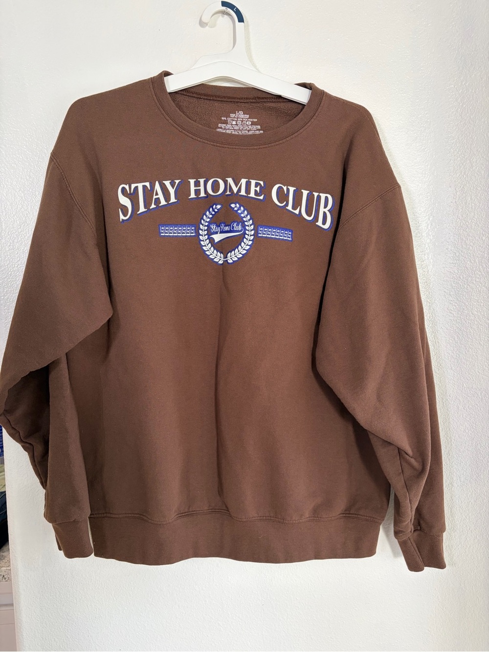 Stay Home Club Brown Collegiate Graphic Sweatshirt Womens L Oversized Crewneck - Picture 2 of 4